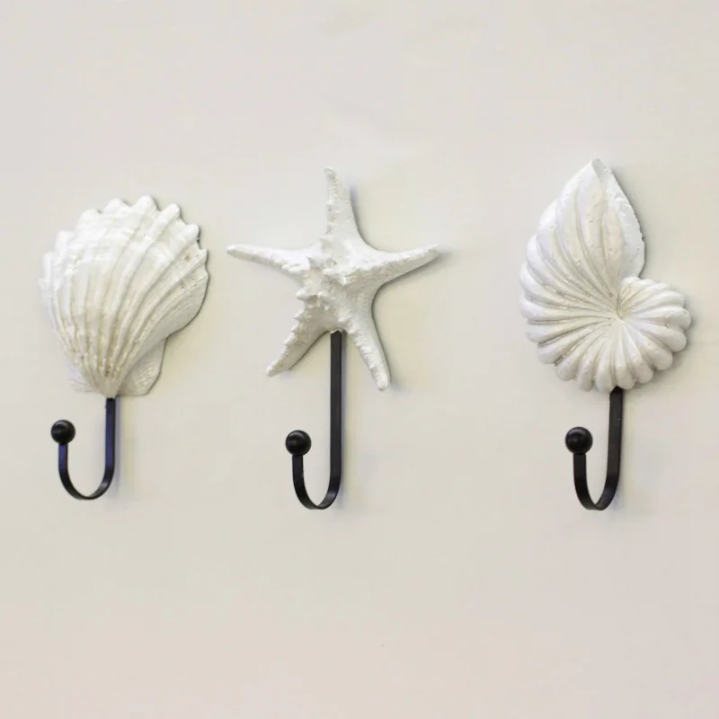 

3pcs/set Shell Resin Hooks Mediterranean Style Sea Star Decor Hanger Wall Mounted Vintage Hat Robe Hook Coat Hanger Clothes Rack