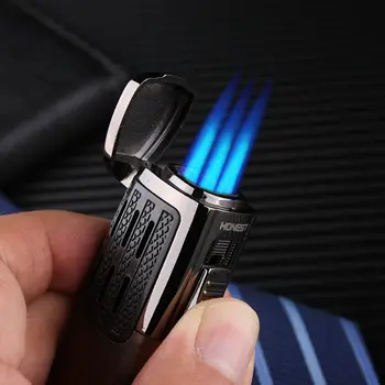

Windproof Three Fire Jet Butane Gas Lighter Multi-functional Cigar Cigarette Lighter Carrying Cigar Cutter Gadgets For Men Gifts