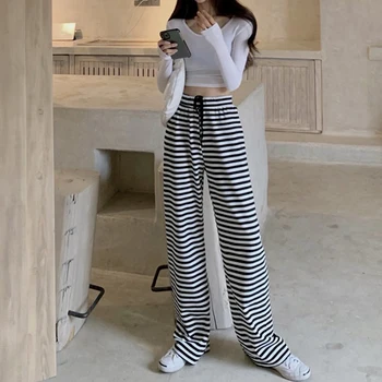 

2020 Casual High Waist Black White Striped Pants Women Spring Autumn Loose Drawstring Wide Leg Pants For Female New Trouser