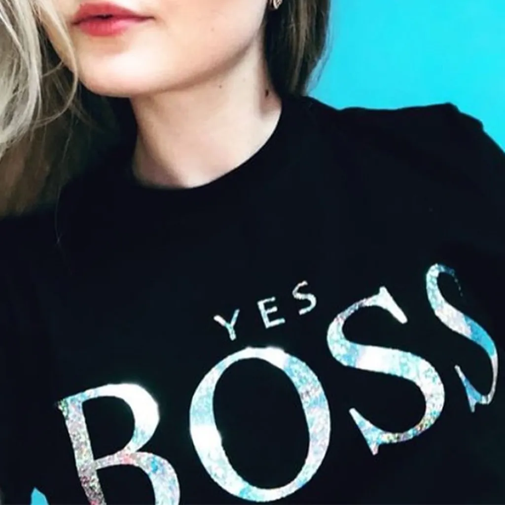 Womens Hoodies Holographic Yes Boss Letter Printed Long Sleeve O Neck Hoodie Sweatshirt Pullover Spring Autumn Femme Hoody #B