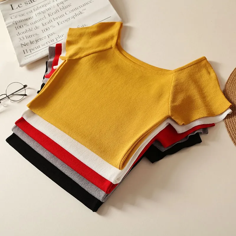 

Summer Knitted Women T shirt High Elasticity Square Collar Short Sleeves Tee Shirt Breathable Female Solid Color Tshirt