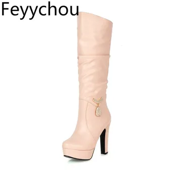 

Women's Boots Autumn Winter Warm Super High Heel Round Toe Slip on Knee High Platform Plush 2019 New Sexy Fashion White Pink