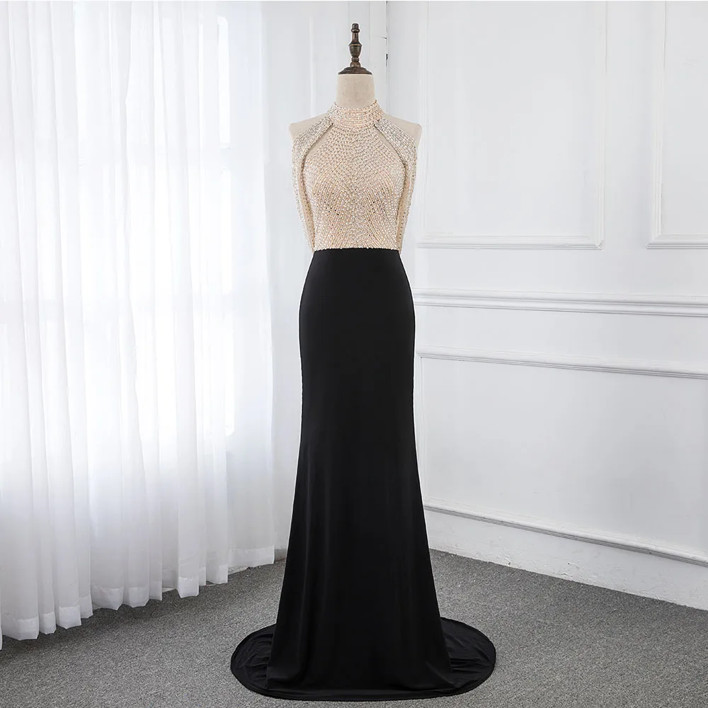 

Fashion Black Long Mermaid Evening Dresses Backless Halter Beaded Formal Party Gown Robe De Soiree YQLNNE