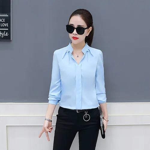 New Spring Autumn Tops Women Slim Pink Shirts Casual Long Sleeve V-Neck Solid Blouse Fashion Womens Chiffon Work Blouses - Цвет: 609 Blue