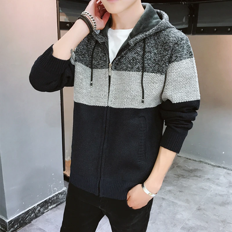 navy blue Осенне-зимнее Новое поступление мужской свитер с флисовой подкладкой лоскутное дизайнерское трикотажные пальто - Цвет: navy blue