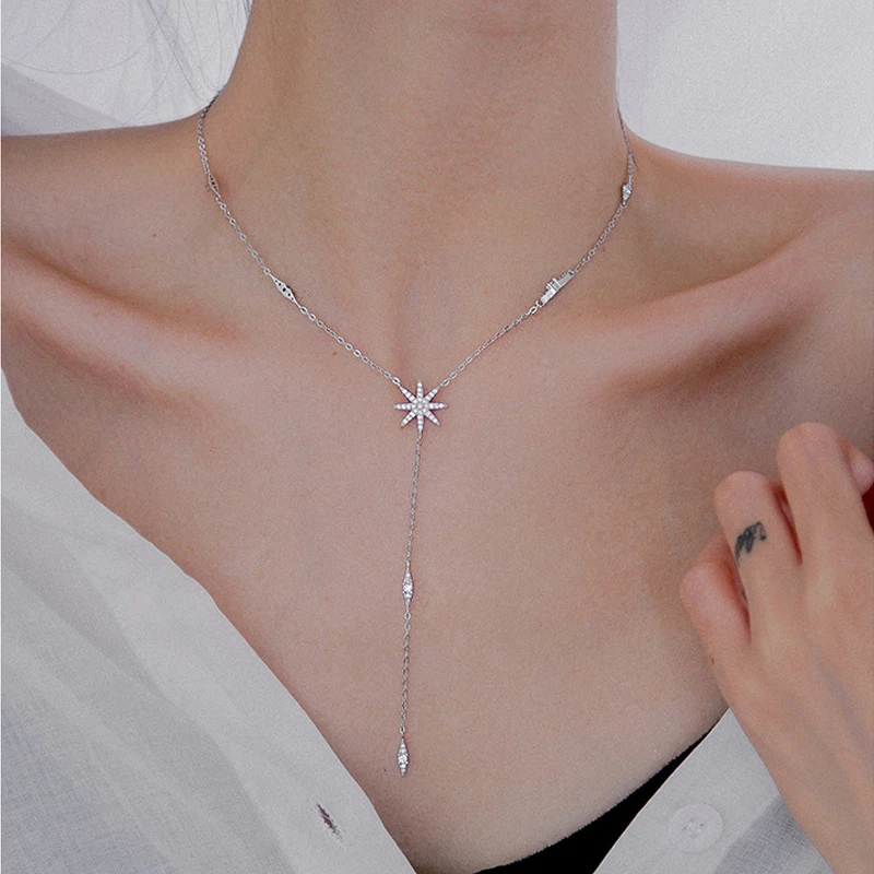 925 Sterling Silver Simple Long Tassel Necklace Shiny Star Pendants Choker For Women Wedding Gift Fine Jewelry Dropshipping