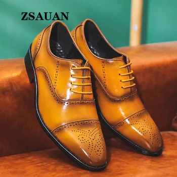 

ZSAUAN Oxford-captoe PU Leather Men Dress Shoes Retro Full Brogue Lace-up Black Men's Formal Shoes Wedding Brown Big Size 45 46