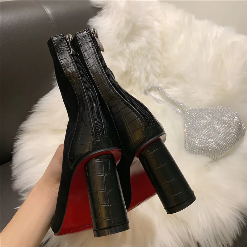 Короткие ботинки в стиле пэчворк с острым носком; bottes femme; Модные Ботинки martin на молнии сзади; botas mujer; женские ботинки «Челси» из флока на толстом каблуке в западном стиле