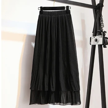 

Female Chiffon High Waist Pleated Skirts Solid Color Women Cotton Straight Skirt 3 Colors Sweet Style Girl Mid-Calf Skirt 2019