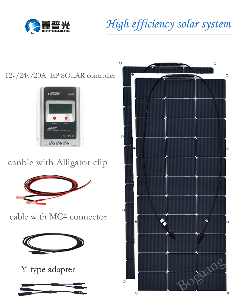 

200w 12v Flexible Solar Panel High Efficiency Cell 2pcs 100w 16v Solar Module 20A EPSOLAR Controller PV Adapter Cable Power