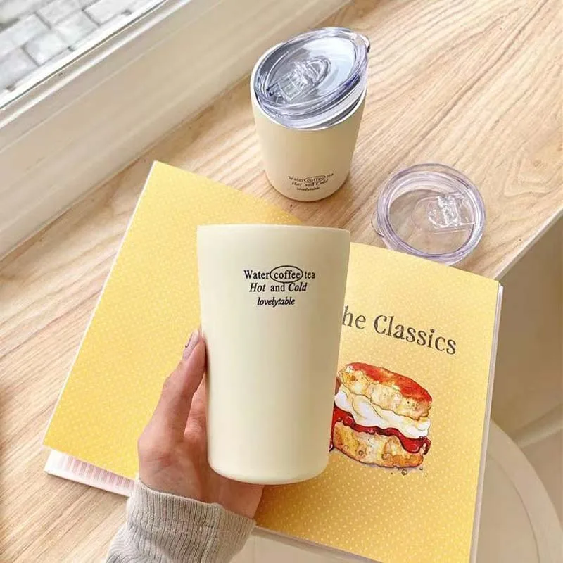 Korean Style INS Cream Letters Thermos Niche Simple Retro With Water Winter Portable Stainless