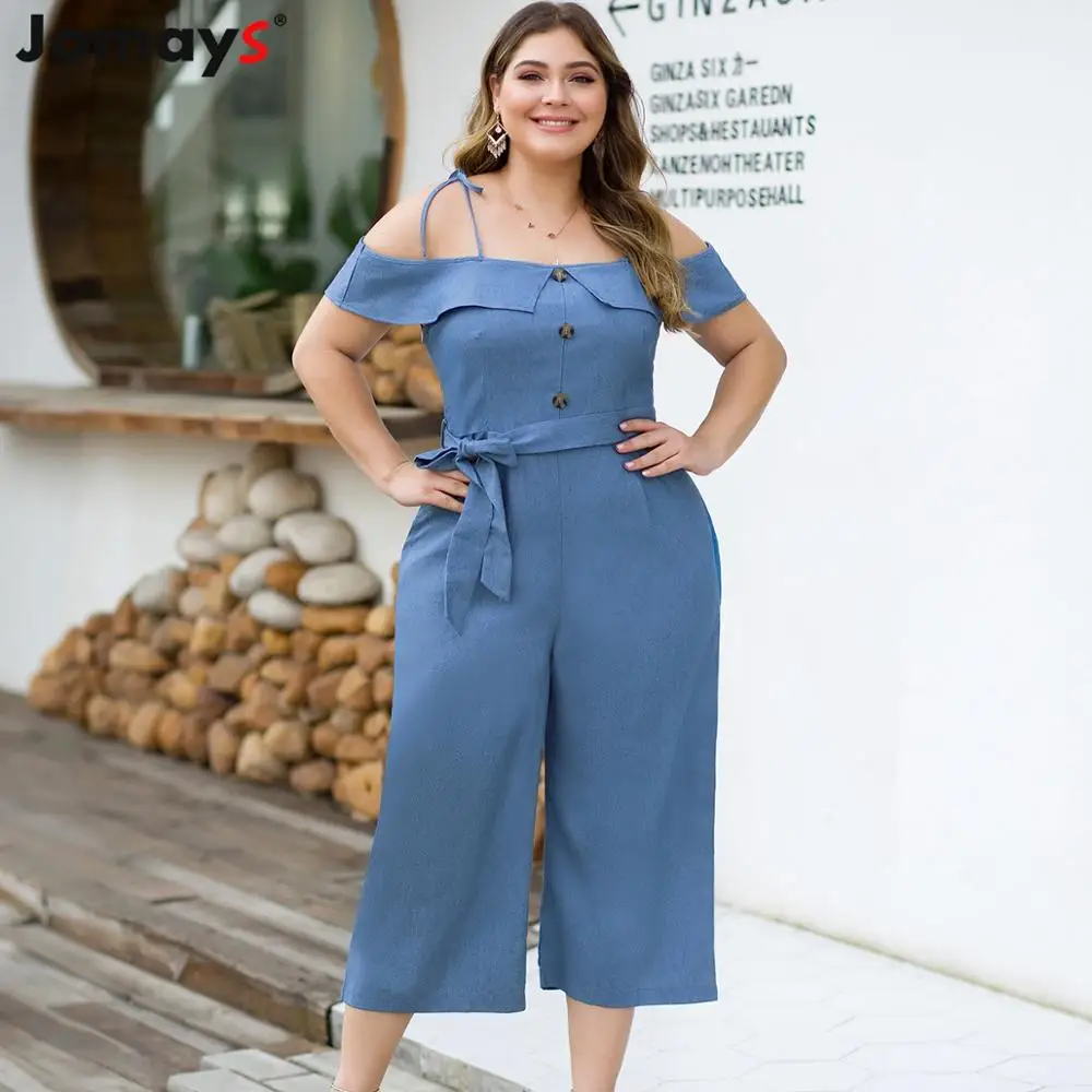 

Plus Size Women Jumpsuit Vintage Off Shoulder Denim Blue Office Lady Overalls Wide Leg Workwear Combinaison Femme Oversize 4XL