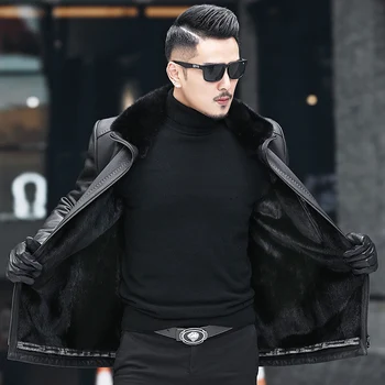 

Winter Genuine Leather Jacket Men Natural Mink Fur Lining Deerskin Leather Real Fur Coat Deri Ceket A19-Z1828 KJ3816