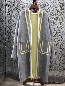 

2019 Autumn Fashion Sweater Cardigans Women Yellow Color Block Knitting Pocket Patchwork Long Sleeve Casual Grey Cardigans