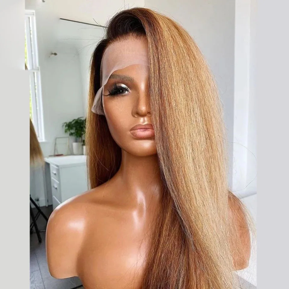 Ombre Honey Blonde Ponytail Yaki Straight HD 360 Lace Frontal Wigs PrePlucked 13x6 Lace Human Hair Glueless Kinky Straight Wig