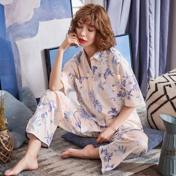 

Korean-Style Pajamas Women'S Summer Pure Cotton Short Sleeve Trousers Students Sexy Thin Large Size Homewear Set