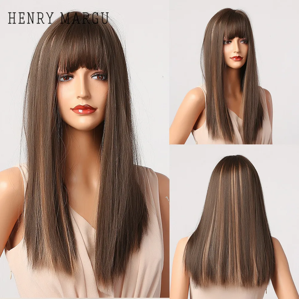 

HENRY MARGU Brown Blonde Mixed Synthetic Wigs With Bangs Long Straight Natural Wigs For Women Heat Resistant Cosplay Wigs