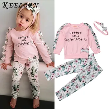 

Keelorn New Autumn Winter Cute Infant Baby Girls Clothes 3PCS Ruffles Sleeve Letter Floral Pink Pullover Tops Pants Headband