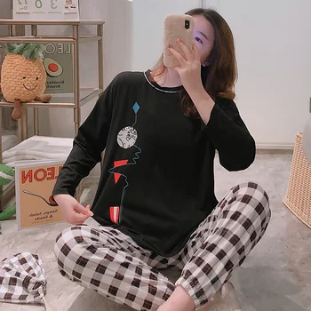 

2020 Autumn Long Sleeve Plaid Ankle Length Pants Pajama Sets For Women Sleepwear Suit Pyjamas Homewear Pijama Mujer Home Clothes