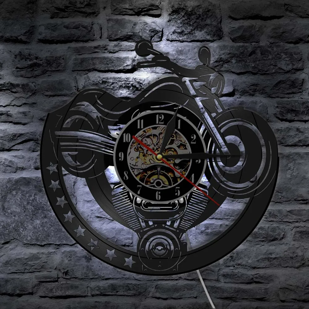 Record Wall Clock Vinyl Wall Clock Garage Motorcycle Vinyl Clock Motorbiker Man Cave Workshop Watch Wandklok with LED Backlight
