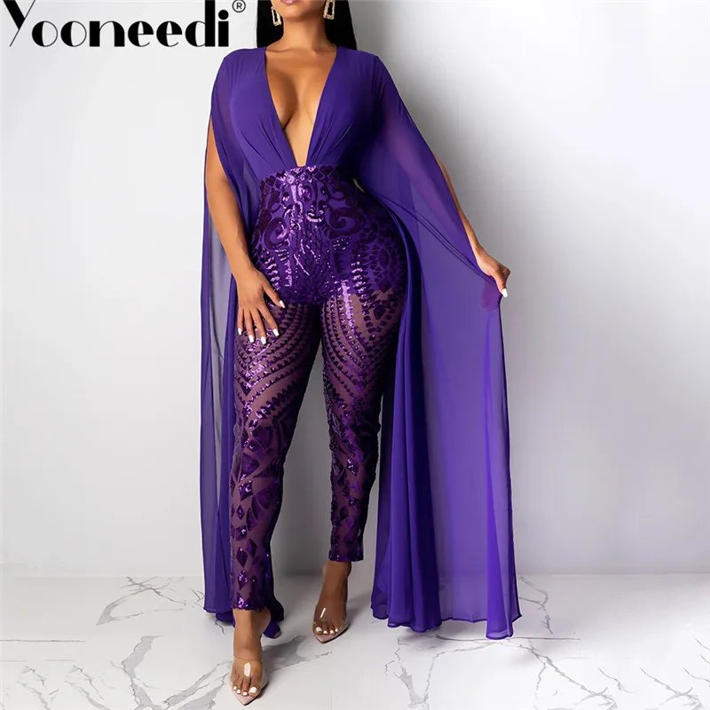 Yooneedi Autumn Design Sexy Women Jumpsuits 3 Color Solid Sequins V-neck Cloak Sleeve Ladies Rompers FLS-9509