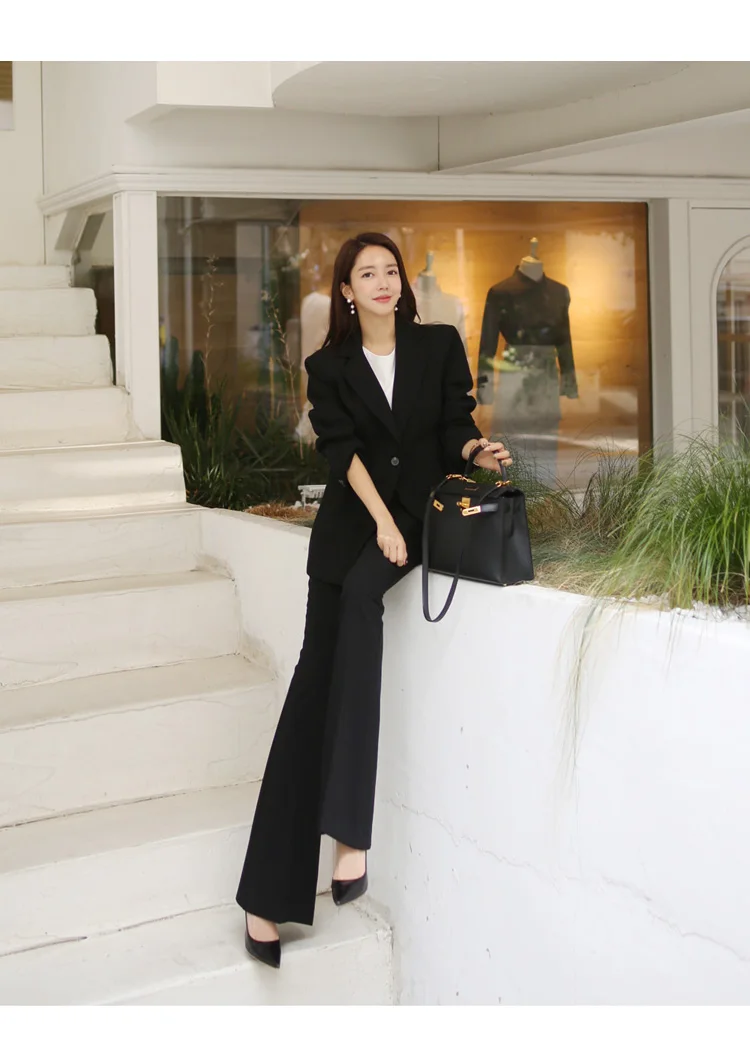 Business Uniform Women Flares Pant Suits 2 Piece Set slim Blazer Jacket Office lady business office wortrumpet female pants suit