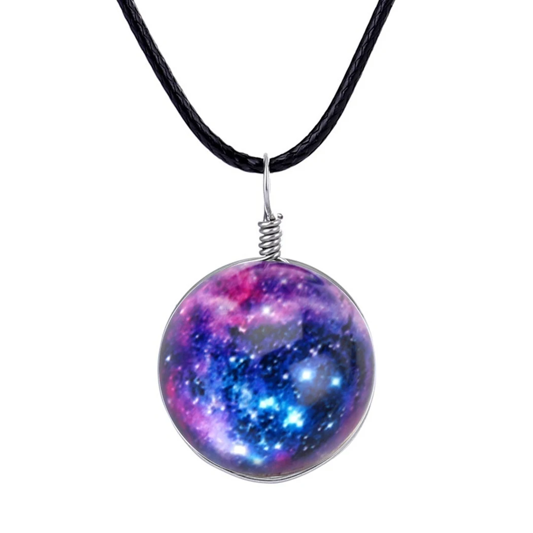 Женское Ожерелье, стеклянный шар, туманность, космос, Вселенная, ожерелье с изображением Галактики, звезды, кулон, кристалл, ожерелье, планета, узор, кожаная цепочка - Окраска металла: E