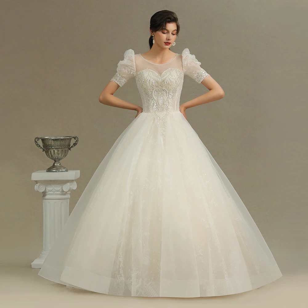 

Lace Short Sleeve Wedding Dress 2020 Tulle Sequined Pearl Princess Bridal Gown For Women A line Style Floor Length No Train