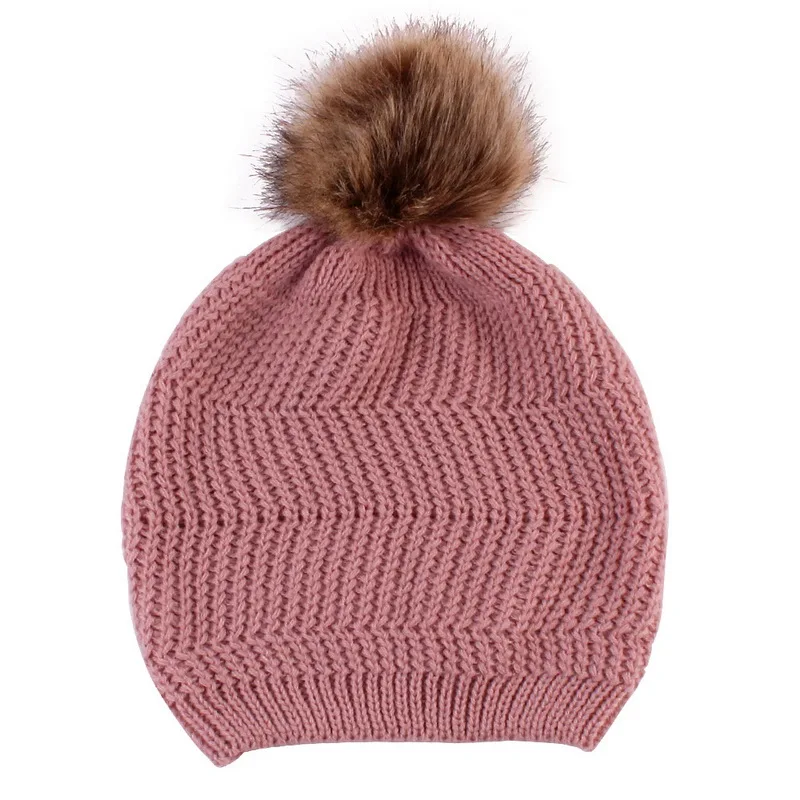 Pink B SHUJIN родитель-Детские шапочки с помпоном теплый мех енота Bobble Mommy Beanie шапки Дети хлопок вязаный мама детская зимняя шапка шапки - Цвет: Pink B