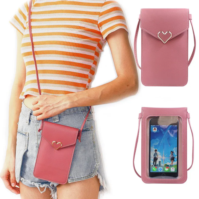 

Fashion Touch Screen Cell Phone Purse Transparent Simple Bag New Hasp Heart Wallets Smartphone Leather Shoulder Light Handbags