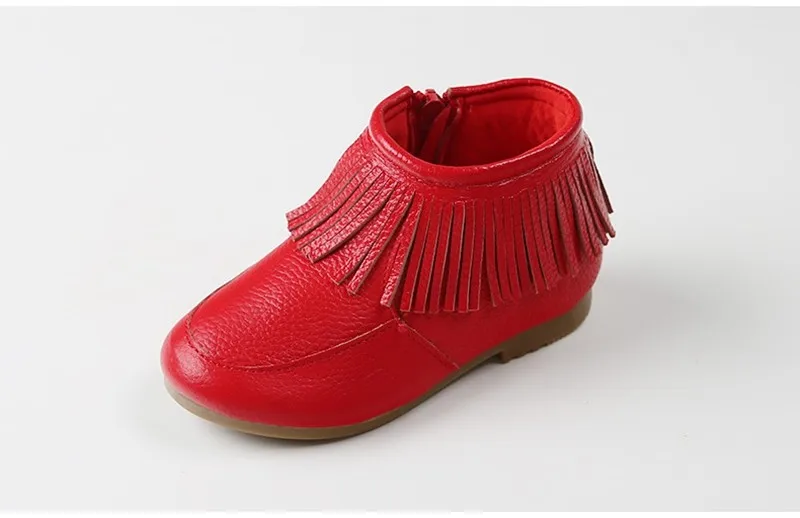 Яркие детские зимние ботинки для девочек; новые брендовые ботинки на плоской подошве для девочек; кожаные ботильоны с бахромой; модная обувь принцессы; детская зимняя обувь - Цвет: thick red