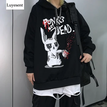 

Cool Cartoon Print Flocking Unisex Warm Hooded Sweatshirt 2020 Woman Man Letter Punk Rock Black Hoodies harajuku Hip-hop Top New