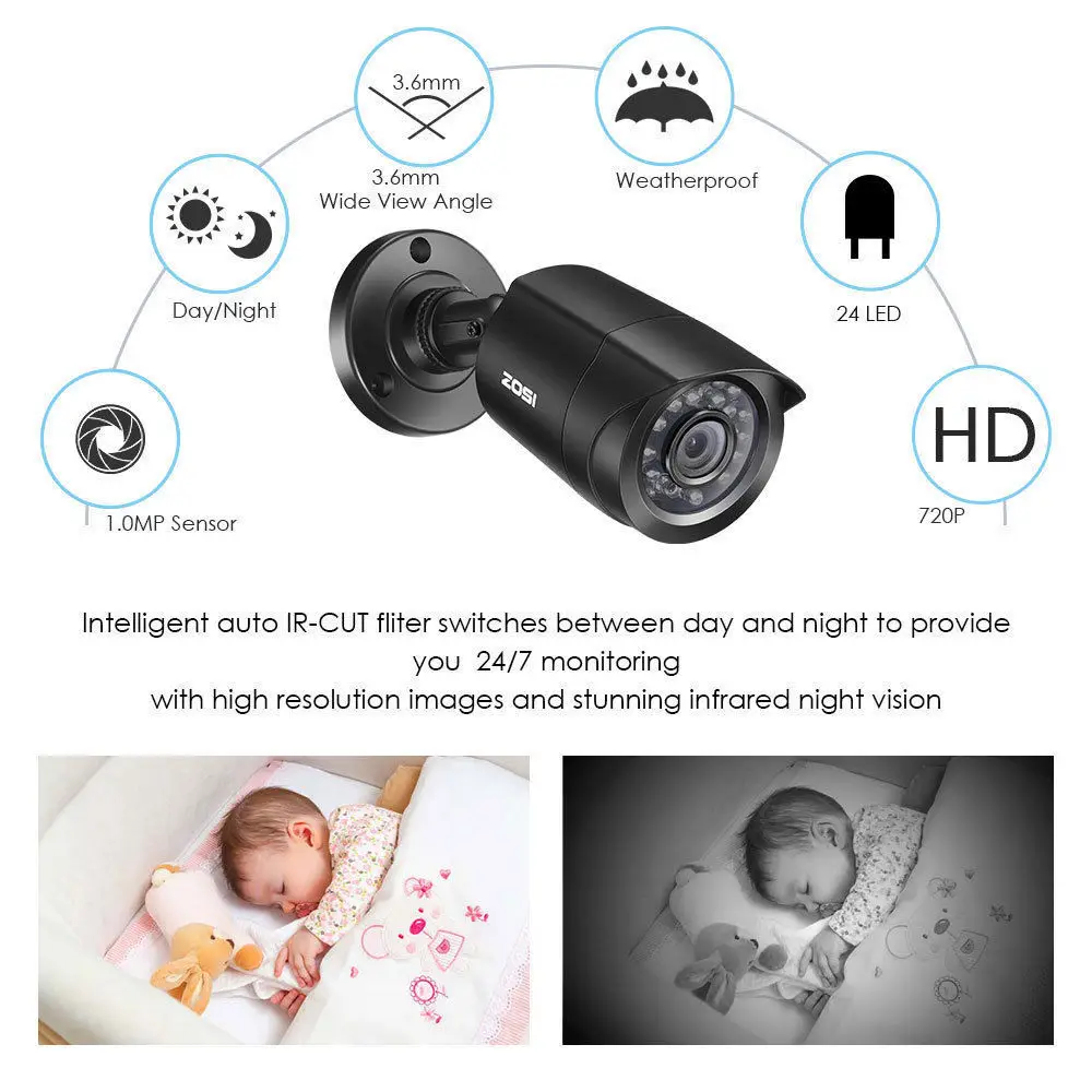  ZOSI 8 canales 720P 1280TVL IR CMOS Sensor de movimiento negro visión nocturna Video cámara CCTV si