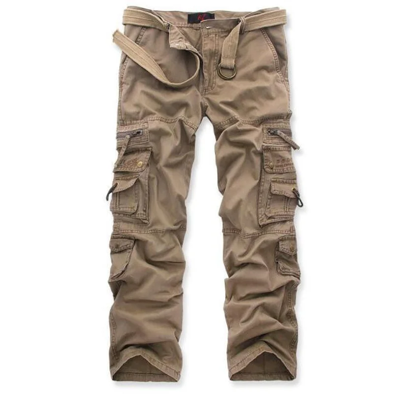 Хаки Men's Cargo Pants Casual Mens straight-leg Cotton Pants Multi Pocket Overall Men Outdoors Trousers Plus size - Цвет: Хаки