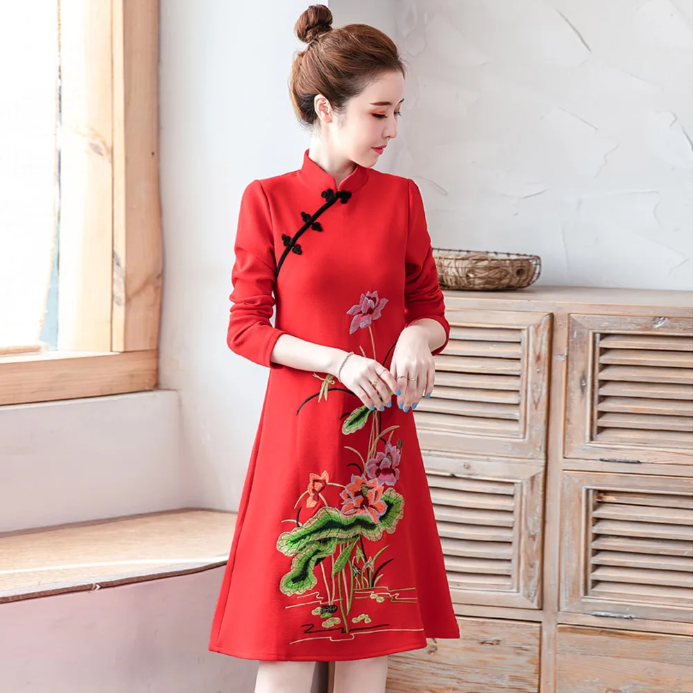 Длинный рукав, осень зима, чонсам, китайский стиль, платье, элегантное, стройнящее, размера плюс, Ципао - Цвет: red