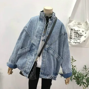 

2019 Women Vintage Long Sleeve Denim Jacket 2019 Autumn Turn-Down Collar Solid Jackets Streetwear Loose Plus Size Coat