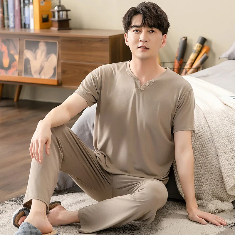Men's Modal Cotton Pajamas Set Summer Short-Sleeve Tops + Long Pants Nightwear Home Wear Suits Simple Fashion Sleepwear For Men pajamas set man pajamas set