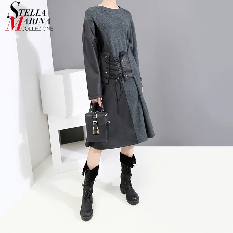 New 2019 Korean Style Women Blue Faux Leather Patchwork Dress Lace Up Ladies Stylish Midi Straight Casual Robe Femme 5712 | Женская
