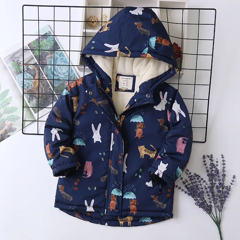 green waterproof jacket Cartoon rabbit cat plus velvet padded girls cotton jacket children's cotton jacket 2021 winter new children's clothing children' black waterproof coat