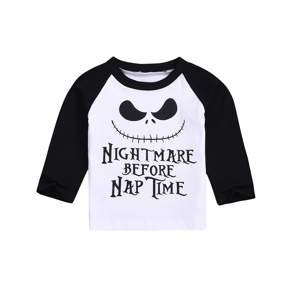Новое поступление, осенняя одежда для маленьких девочек на Хэллоуин, с длинными рукавами, с принтом черного черепа, эксклюзивные футболки с набивкой, хлопковая детская одежда