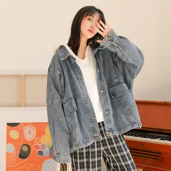 

Denim Jacket 2020 Spring Women Loose Single Breasted BF Harajuk Jacket Feminina Retro Blue Long Sleeve Preppy Style Jean Jacket