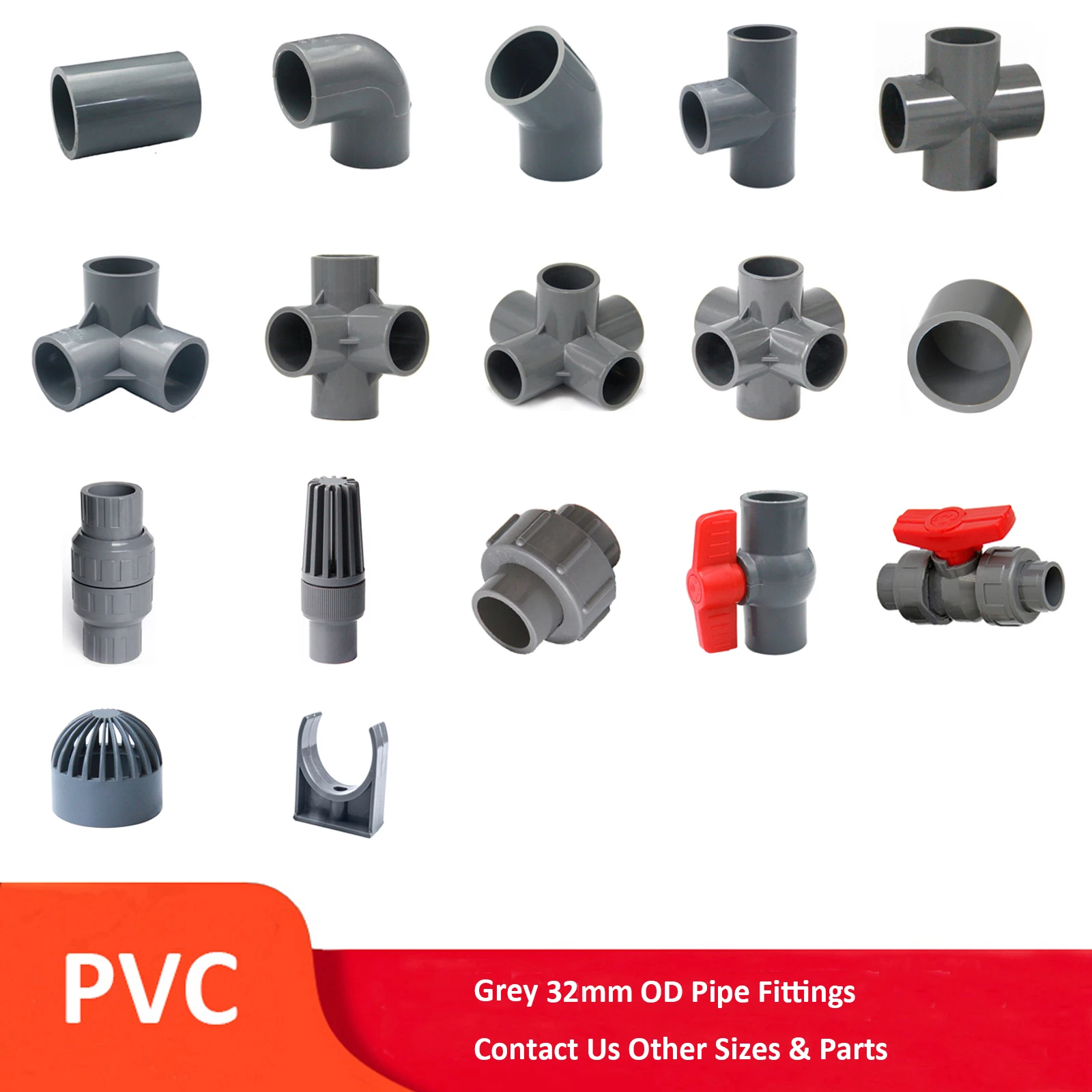 Grey PVC 32mm ID Pressure Pipe Fittings Metric Solvent Weld Various Parts 