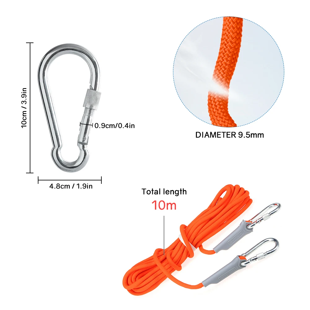 10 Meters 12KN Outdoors Climbing Rope with Carabiner 9.5mm Diameter 2645lbs Rope Safety Rope