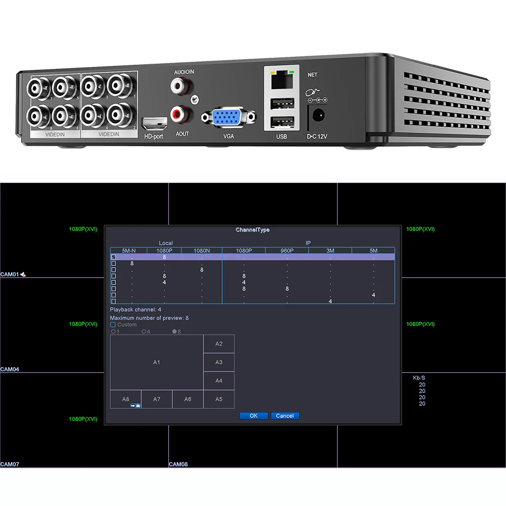 XMeye распознавания лиц аудио H.265 + Hi3521D 5MP 8CH 8 канальный сетевой видеорегистратор