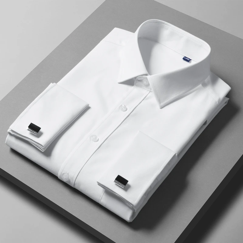 Large Size Men's Bamboo Fiber Cufflink Shirt High Quality Business Fashion Pure White Party Long-sleeved Shirt Male Brand