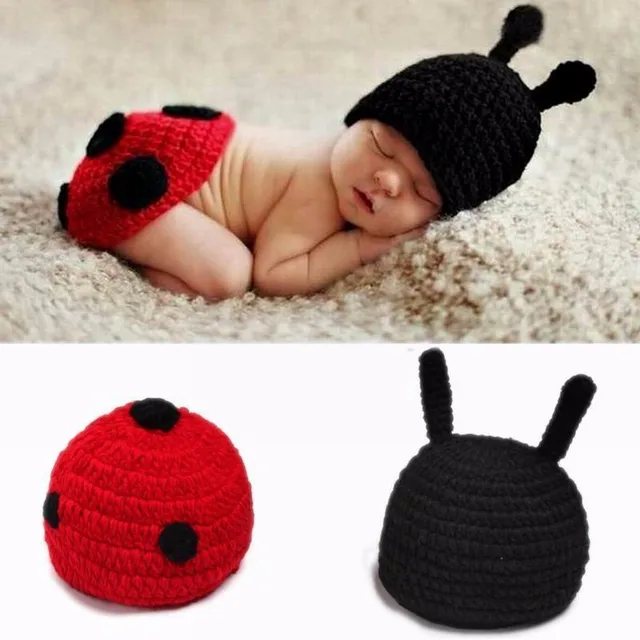 2 unids/set recién nacido mariquita traje accesorios de fotografía disfraz sombrero + capa de punto de ganchillo ropa bebé mono insectos ropa 2