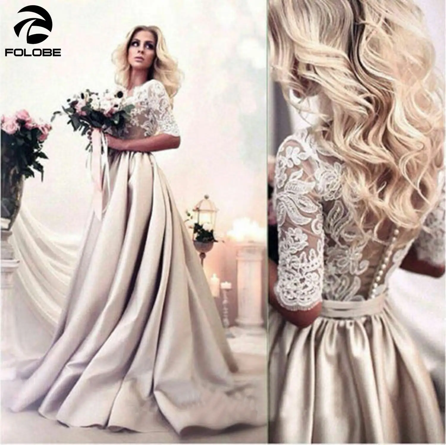 

Muslim Wedding Dresses Sheer V-neck Long Sleeves Champagne Satin Illusion robe de mariee Dubai Arabic Boho Bridal Wedding Dress