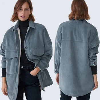 

ZA Women's Corduroy Jacket Early Spring Korean Simple Pure Color Fleece Lined Long Lapel Long Sleeve Loose Jacket