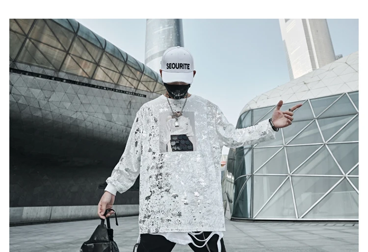 Camiseta Masculina, мужская Свободная Повседневная футболка с длинным рукавом и блестками, мужская новая уличная футболка в стиле хип-хоп, панк, готика, танцовщица, футболки, рубашки
