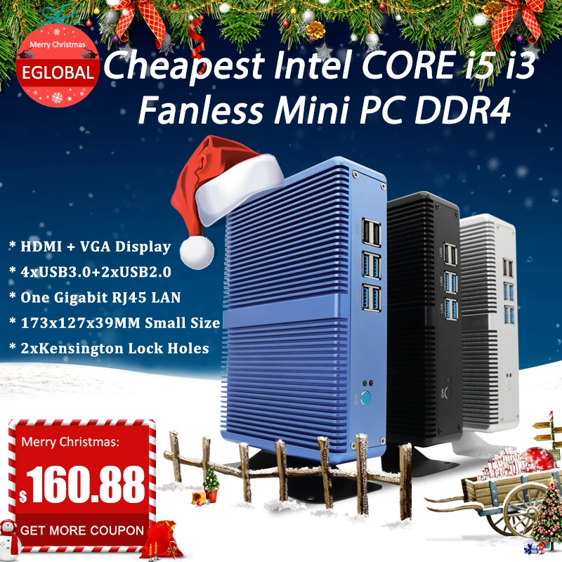  Eglobal Intel Core i7 i5 7200U i3 7100U Fanless Mini PC Windows 10 Pro Barebone Computer DDR4/DDR3 